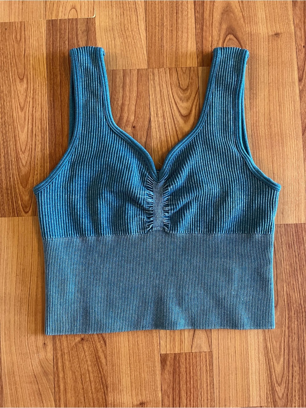 Teal Ribbed Ruched Crop Tank